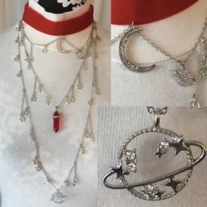 “Mars: The Red Planet” Handmade 3-Layer Necklace, Crescent Moon, Red Crystal